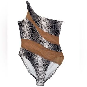 NEW Norma Kamali Python Black Nude One Shoulder Swimsuit XL